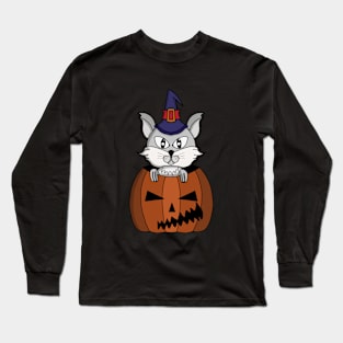 Pumpkin Witch Cat on Halloween Long Sleeve T-Shirt